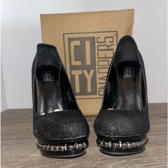 City Snappers Black Glitter High Heels Women’s Size 7.5 - Picture 3 of 16